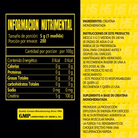 Creatina Monohidratada 1kg 200 Servicios Hiper Sport Hs Bote Limón