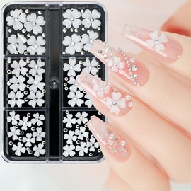3D Flowers Nail Charms 1 Box Acrylic Nail Kit Blossom Nail Art Kit Nail Accessories Floral Manicure Set Rhinestone Pearl Design Nail Supplies Nail Decoration Nail Glitter Design Kit for Women(White)