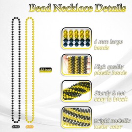 12 PCS Bead Necklaces, Black Gold Mardi Gras Beads, 32" Metallic Plastic Beaded Necklaces, Parade Throws Party Supplies Party Accessories for Christmas Xmas New Year Carnival Bridal Pirate Birthday