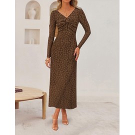 ZESICA Women's Fall Floral Long Sleeve Bodycon Dress 2025 Boho V Neck Cocktail Party Long Midi Dresses,Brown,Medium