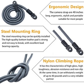 wieehtes Kameragurt aus Seil:100cm Nylon Kletterseil Kamera Hals Schultergurt für Spiegellose/Kleine Kameras（Grau）