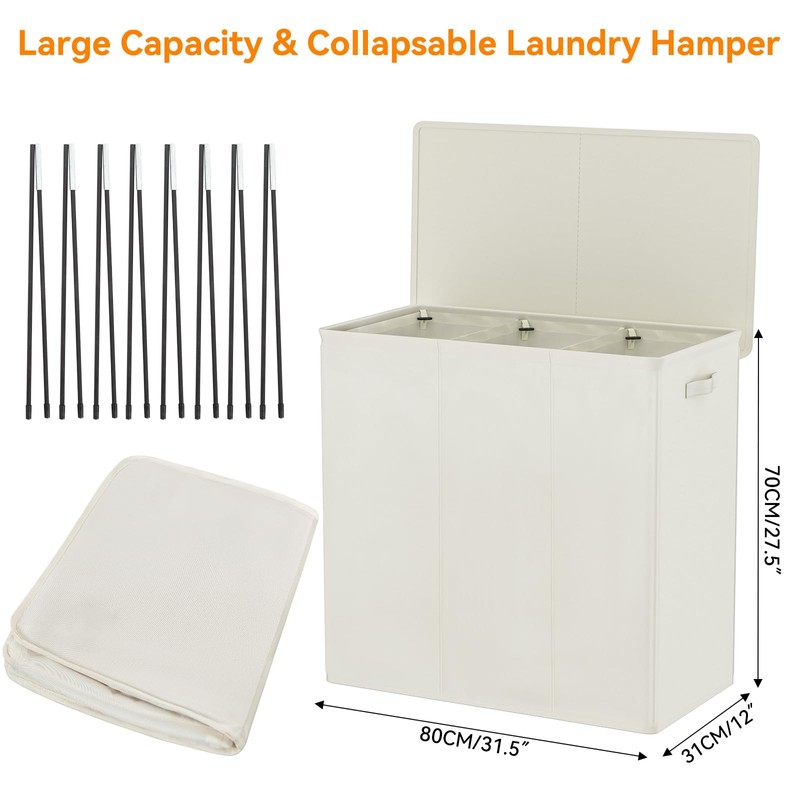 WOWLIVE 180L Laundry Hamper with Lid 3 Section,Large Laundry Basket