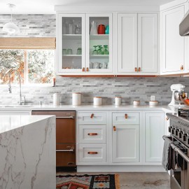 KASARO Peel and Stick Marble Backsplash Tile, 10 Sheets, White Marble with Silver Embellished Stripes, Self-Adhesive Wall Tile for Kitchen, Bathroom, Fireplace, RV (11.4” x 10.6”)