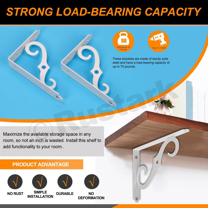 Rustark 2 Pack 8 Inch White Decorative Shelf Brackets Heavy