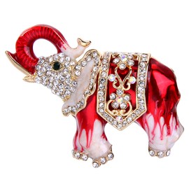 EVER FAITH Elephant Brooch Gold-Tone Red Enamel Austrian Crystal