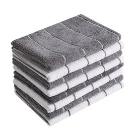 Microfiber Kitchen Towels - Super Absorbent, Soft and Solid Color Dish Towels, 8 Pack (Stripe Designed Grey and White Colors), 26 x 18 Inch (Grey)