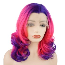 Meiyite Hair Wavy Shoulder Length 14inch Two Tone Purple Rose Red Ombre Heavy Density Realistic Synthetic Lace Front Wig