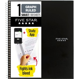 Five Star Five Star Spiral Notebook + Study App, 1 Subject, Graph Ruled Paper, Fights Ink Bleed, Water Resistant Cover, 8-1/2" x 11", 100 Sheets, Black (73679)