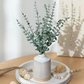 BLOSMON Boho Home Decor Plant: 1 Vase with 10 Artificial Eucalyptus Stems for Bathroom Bedroom Kitchen - Fake Plants Farmhouse Table Centerpieces Decorations
