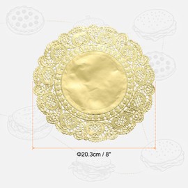 sourcing map 100pcs Lace Paper Doilies 8 Inch Gold Round Disposable Decorative Paper Placemats Hollow Flower Absorbing Papers for Cakes Desserts Food Decoration Wedding Birthday
