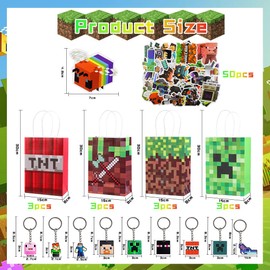 Video Game Party Bag Children's Birthday Party Bags 12 Miner Party Bags + 50 Gamer Stickers + 9 Pixel Key Ring Guest Gift Birthday Decoration Party Accessories for Children Boys Girls