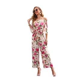Love Welove Fashion Jumpsuits for Women, Floral Off Shoulder Ruffled Short Sleeve High Waist Wide Leg Pants Romper