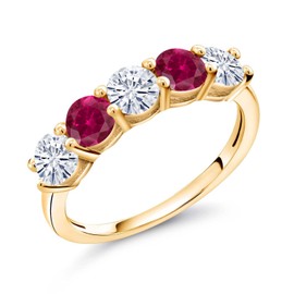Gem Stone King 18K Yellow Gold Plated Silver White Moissanite and Red Created Ruby Wedding Band Ring For Women (0.98 Cttw, Available In Size 5, 6, 7, 8, 9)