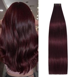 Aison Wine Red Tape in Hair Extensions Human Hair 100% Remy Extensions Silky Straight for Women 20 Pcs/Package(22Inch #99j 60g)
