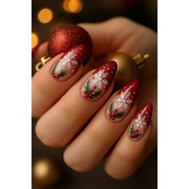 Christmas Press on Nails Medium lmond Fake Nails Red French Tip False Nails Press ons Snowflake with Designs Holly Leaves Stick on Nail Full Cover Reusable Winter Glue on Nail for Women Manicure 24Pcs