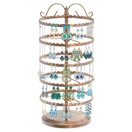 MODOWEY 5 Tier Rotating Earring Holder Organizer, Adjustable Metal Earring Display Stand Rack for Women Girl, 400 Holes and Grooves Earring Tower Tree Organizer for Necklace Bracelet Ring(Bronze)
