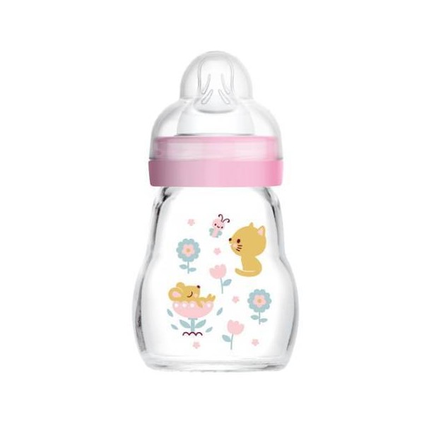 MAM Feel Good Glass Bottle with Silicone Nipple for Girls 0+ Months, 170ml (Code: 370SG)