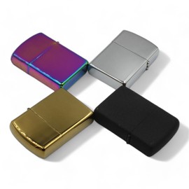 4 Pack of Oil Lighters Metal Flip Top Windproof Fluid Refillable in Matte Black, Silver, Gold, and Rainbow