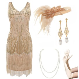 BABEYOND Women’s Flapper Dresses Set 1920s V Neck Beaded Fringed Great Gatsby Dress with Accessories Set