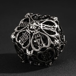Cusdie 7-Die Metal Dice Set - Hollow Design with Bells - Crisp Sounding Gaming Dice in Tin Box - Perfect for Tabletop RPGs & Board Games(Ancient Nickel)