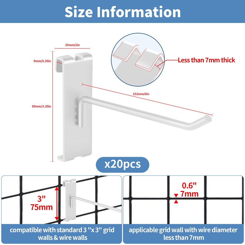 Waltool 20Pcs Gridwall Hooks, Metal Grid Panel Hanging Peg Hooks,