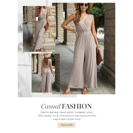 Dokotoo Jumpsuits for Women's Formal One Piece Sexy Long Pants Cruise Outfits Smocket Sleeveless V Neck Waist Outfit Side Pokcet for Wedding,Simply Taupe Large