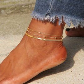 QJLE Layered Gold Anklets for Women Waterproof 18K Gold Plated Anklet for Women Beaded Snake Chain Link Dainty Ankle Bracelets Set 3pcs