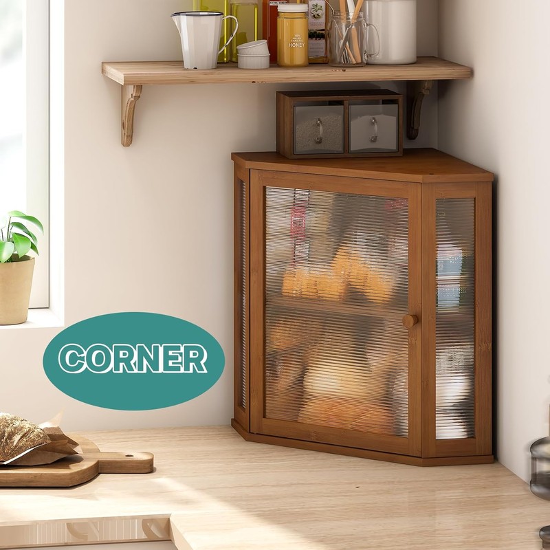 Corner Bread Box for Kitchen Counter, Bamboo Wood Large Capacity