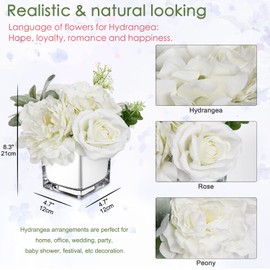 GnFlus Artificial Flowers in Vase Fake Silk Hydrangea Rose Flower Arrangement Faux Potted Flowers for Indoor Home Bathroom Office Table Shelf Decor, White