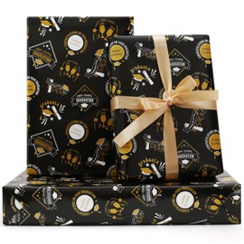 Graduation Gift Wrapping Papers, 6 Sheets Black and Gold FINISH SCHOOL GRAD Champagne Patterns Gift Wrap, 20 x 28inch per Sheet with 1 Roll Gold Ribbon for 2024 Graduation Party Gift Wrap DIY Craft