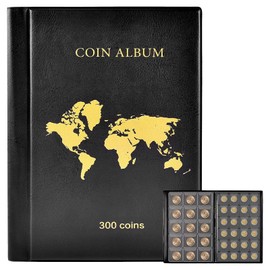 Coin Collection Book Holder Album for Collectors, 300 Pockets Coins Display Storage Case, Collecting Sleeves Organizer Box for Coin Collections Supplies, Money Currency, Pennies, Quarters - Black