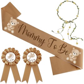 Bear Theme Mommy to Be Sash for Baby Shower Decorations Dad to Be Pin and Flower Crown Headband Cute Satin Baby Shower Sash for Gender Reveals Party Favors Pregnancy Props Keepsake (Brown)