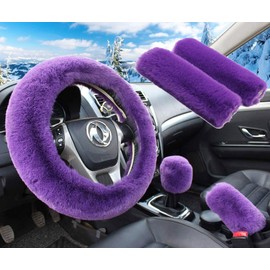 Pinbola 5pcs in 1 Set Faux Wool Steering Wheel Cover Soft Fluffy Handbrake Cover & Gear Shift Cover & 2pcs Seat Belt Shoulder Pads Warm Universal Fit for 15 Inch (Purple)