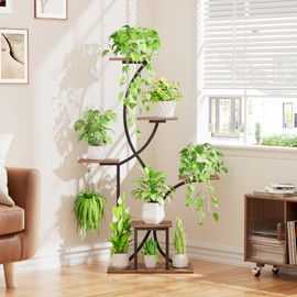 Plant Stand Indoor with Grow Lights, 6 Tiered Indoor Plant Shelf, 48'' Corner Plant Stands for Indoor Plants, Lighted S-Shaped Plant Rack, Tall Flower Holder Display for Living Room, Home (Black)