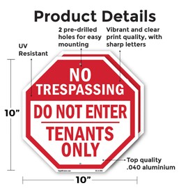 No Trespassing Do Not Enter Tenants Only (2 Pack) 10 inch X 10 inch Octagon Rust Free Aluminum Metal Signs Weather Resistant, UV Protected for Workplace, Private Property, and Construction Site, Made in the USA
