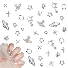 Nail Parts Punk Set of 110 3D 3D Large Cross Star Planet Cross X Shape Swaying Mine System Nail Stone Silver Deco Parts Nail Art Parts Metal Jewelry Parts Alloy DIY Craft Material (B Silver)