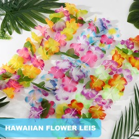 Hawaiian Leis, 24Pcs Leis for Luau Party Colorful Flower Lei Bulk Hawaiian Necklace for Women Flower Headbands & Bracelet Tropical Hawaiian Party Decorations for Birthday Wedding Holiday Summer Beach