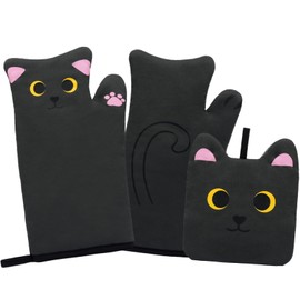NIGOWAYS Oven Mitts,Cute Cat Design Cooking Glove,Quilted Cotton Lining,Heat Resistant Oven Mitts and Pot Holders Sets for Baking,Microwave,Cute Mitts Gift for Mom,Housewarming(Black)