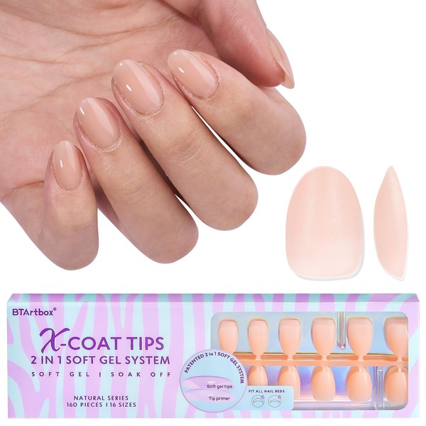 BTArtbox 160pcs Almond Plastic False Nails, Extra Short with Primer
