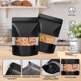 Bolsas de Papel Kraft de 100 Piezas, Bolsas Pouch con Ventana y Cierre Hermético de Cremallera, Bolsas Resellables para Dulces, Accesorios, Aperitivos, Joyería y Más, 10x15cm (Negro)
