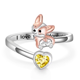 Peireara 925 Sterling Silver Corgi Ring - Adjustable Open Dog Ring Jewelry - Corgi Gifts for Lovers (November)