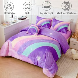 ANGIYUIN Purple Rainbow Girls Full Size Comforter Set 6 Pieces Gradient Glitter Kids Bedding Sets Galaxy Kids Bedroom Decor Bed in A Bag with Sheets for Girls Teens