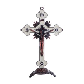 KOMI Catholic 5 Inch Metal Jesus Cross Stand, White Tabletop Crucifix for Home Office Church, Religious Decor