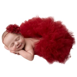 Newborn Photography Props Outfits Baby Girls Fluffy Tulle Tutu Skirt Flower Headband Newborn Photo Shoot Props Girls (Claret)