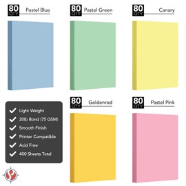 Pastel Color Paper, 11 x 17" Multi-Color Bulk Paper for Spring & Easter Greetings, Art & Crafts, Invitations | Regular 20lb Bond | 80 Blue, 80 Pink, 80 Green, 80 Canary, 80 Goldenrod (400 Total)