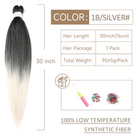 Pre-Stretched Braiding Hair ShowJarlly Soft Free Synthetic Fiber Corchet Braids Natural Black 1Pack/Lot Knotless Braiding Extensions Hot Water Setting Braiding Hair(30inch,1B/Silver#)