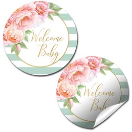 Aqua & Peony Watercolor Floral Baby Sprinkle Baby Shower Thank You Sticker Labels, 40 2" Party Circle Stickers by AmandaCreation, Great for Party Favors, Envelope Seals & Goodie Bags