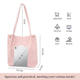 TOPASION Cute Corduroy Tote Bag Canvas Shoulder Handbags for Women Travel Shopping (Sakura Pink)