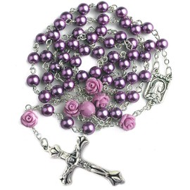 Catholic Purple Pearl Beads Rosary Necklace 6pcs Our Rose Lourdes Medal & Cross NS