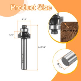 HARFINGTON Roundover Router Bit 1/4" Shank 3/16" Cut Diameter (3/32" Cut Radius) Carbide Tipped 2-Flute Rounding Over Bits with Bearing Guide for Woodworking Carpenter, Black